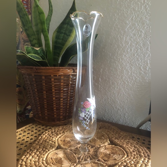 Rare Clear Hand Painted Fenton 50th Anniversary Bud Vase w/Ruffles & Gold Edging - Picture 3 of 16